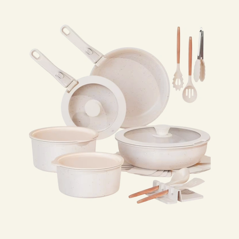 Astercook 20 Piece Ceramic Pots and Pans Set Non Stick, Cookware Set with Detachable Handle, Oven Safe, Induction Ready, Stackable RV Kitchen Cooking Set Removable Handles, Cream White 4 Astercook 20 Piece Ceramic Pots and Pans Set Non Stick, Cookware Set with Detachable Handle, Oven Safe, Induction Ready, Stackable RV Kitchen Cooking Set Removable Handles, Cream White - Image 4