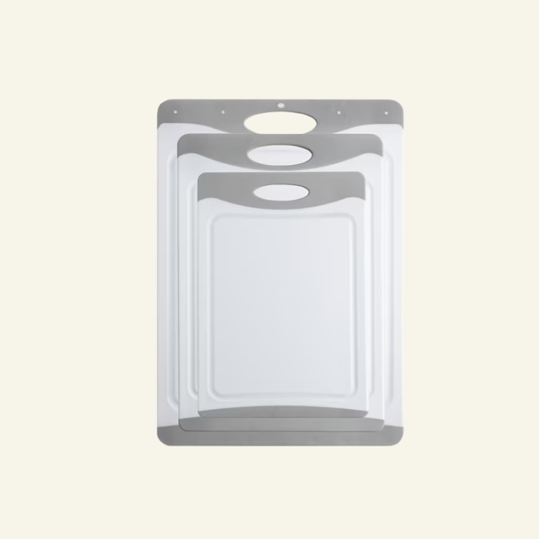 Mainstays 3-Piece Non-Slip Poly Cutting Boards, 50% Recycled PP, 16.9"x 11.8", 13.7" x 9.5", 11.4" x 7.9", White&Silver Color 1 Mainstays 3-Piece Non-Slip Poly Cutting Boards, 50% Recycled PP, 16.9"x 11.8", 13.7" x 9.5", 11.4" x 7.9", White&Silver Color