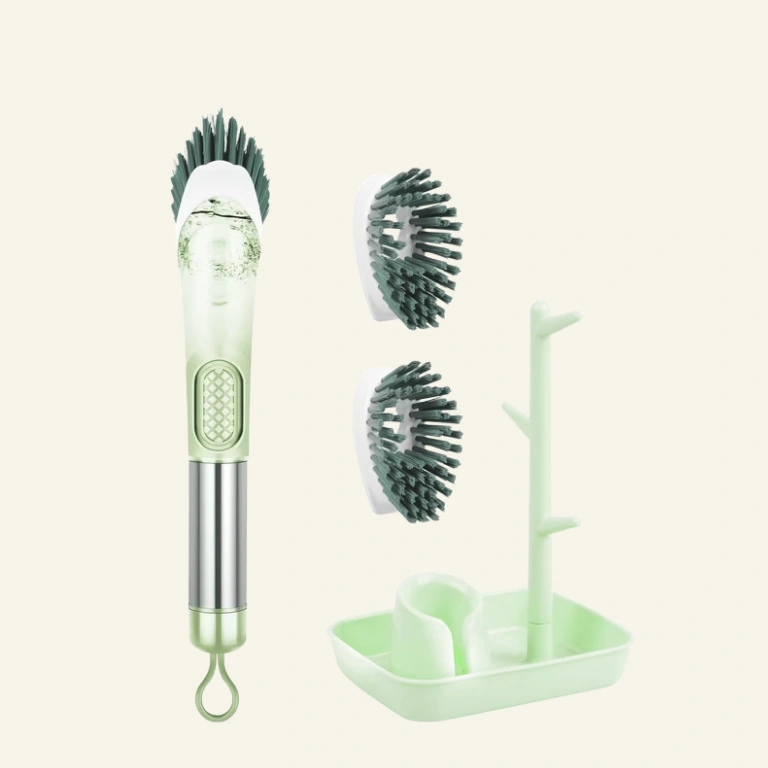BCOOSS Dish Brush with Soap Dispenser Kitchen Scrubber Set for Cleaning Pot Pan Sink with 3 Replaceable Brush Heads and 1 Holder (Green) 1 BCOOSS Dish Brush with Soap Dispenser Kitchen Scrubber Set for Cleaning Pot Pan Sink with 3 Replaceable Brush Heads and 1 Holder (Green)