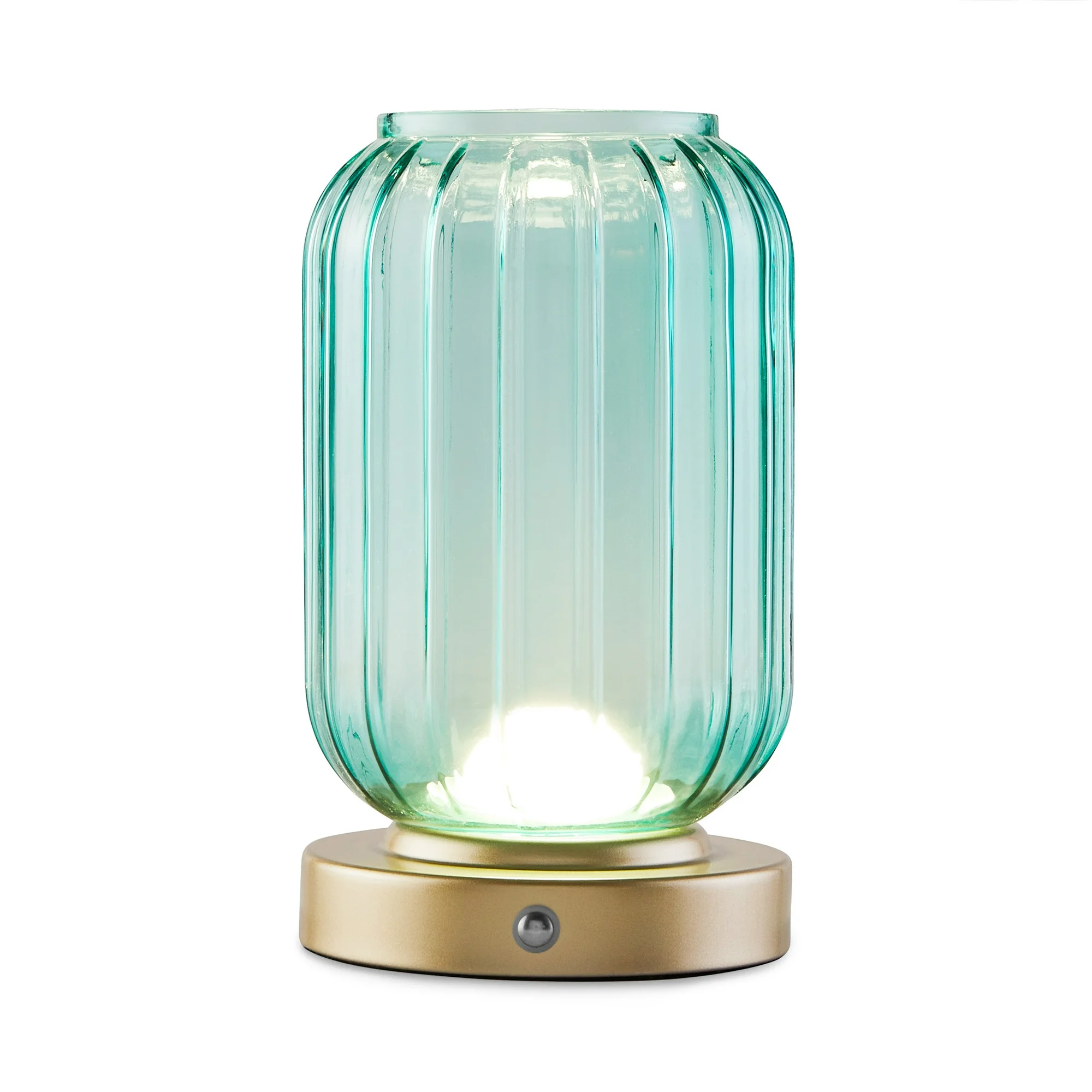 Mainstays by Becky G. & Alejandra 8.5" Rechargeable Green Lily Ribbed Glass Uplight, Gold Metal Base A portable lamp adds a touch of color and ambient light to any room in your home Finished beautifully with a ribbed green glass shade and gold base for an elevated look Touch control with dimmable integrated LED 2.5 ft USB charging cord included 2 Mainstays by Becky G. & Alejandra 8.5" Rechargeable Green Lily Ribbed Glass Uplight, Gold Metal Base A portable lamp adds a touch of color and ambient light to any room in your home Finished beautifully with a ribbed green glass shade and gold base for an elevated look Touch control with dimmable integrated LED 2.5 ft USB charging cord included - Image 2