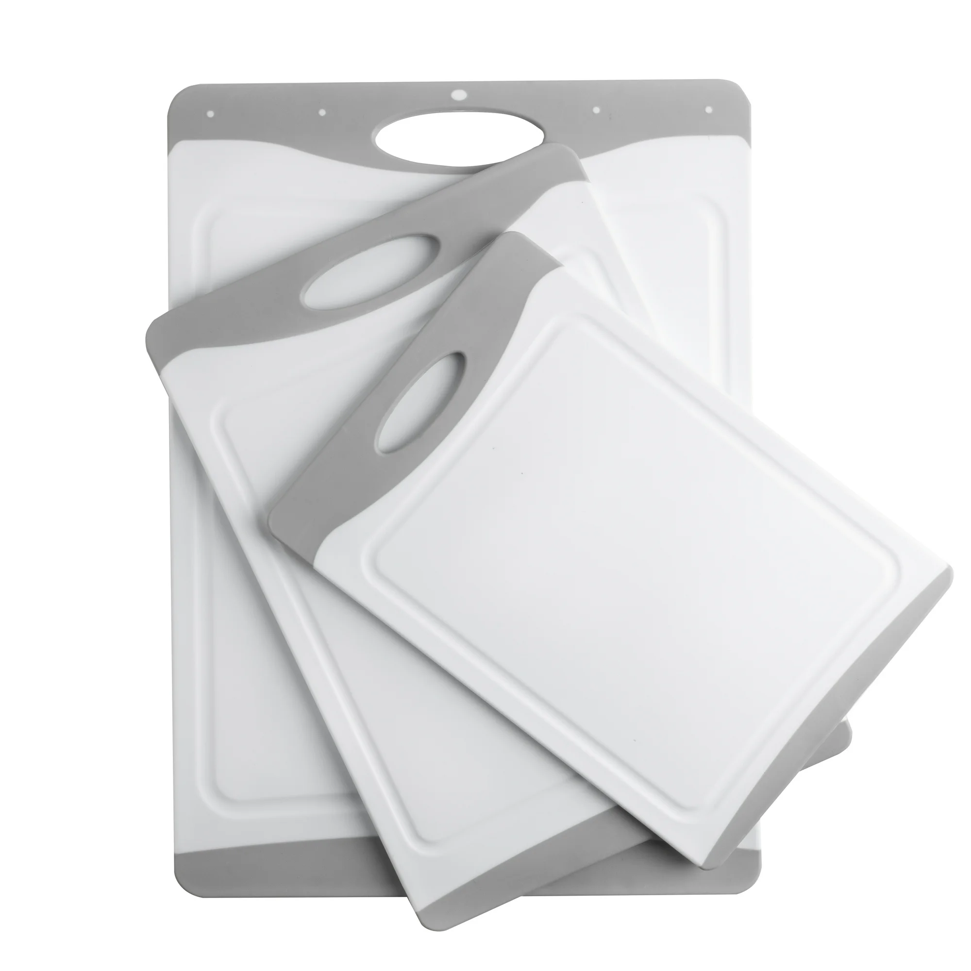 Mainstays 3-Piece Non-Slip Poly Cutting Boards, 50% Recycled PP, 16.9"x 11.8", 13.7" x 9.5", 11.4" x 7.9", White&Silver Color 2 Mainstays 3-Piece Non-Slip Poly Cutting Boards, 50% Recycled PP, 16.9"x 11.8", 13.7" x 9.5", 11.4" x 7.9", White&Silver Color - Image 2