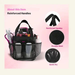 Siaomo Natural Mesh Shower Caddy Portable Tote Bag for College Dorm Essentials, Bathroom, Gym, Camp, Travel, Hanging Caddy Basket, Quick Dry Toiletry Bag (8-Pockets | Black)