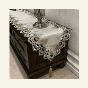 American Style Table Runner - 16x63 Inch Lace Embroidered Rectangular Cover for Coffee Table, TV Stand & Dresser, Dustproof European Linen Tablecloth (Beige & White)