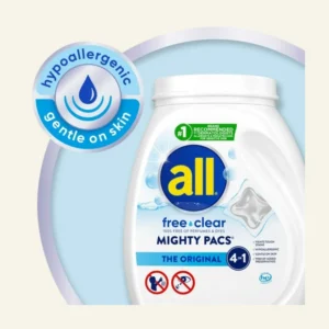 all Mighty Pacs Laundry Detergent Pacs, Free Clear for Sensitive Skin, Unscented and Dye Free, 39 Count