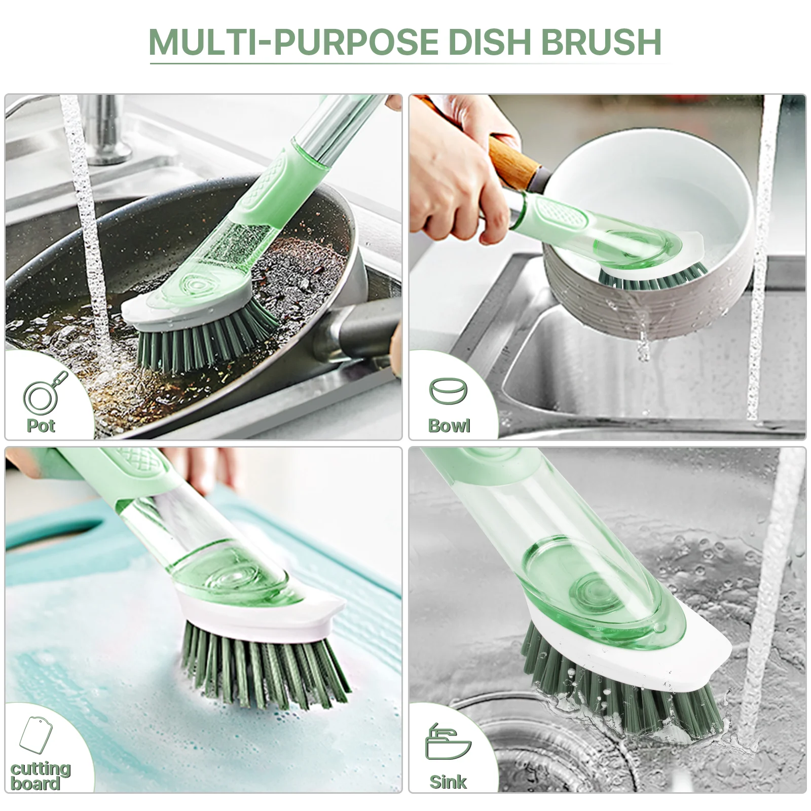 BCOOSS Dish Brush with Soap Dispenser Kitchen Scrubber Set for Cleaning Pot Pan Sink with 3 Replaceable Brush Heads and 1 Holder (Green) 2 BCOOSS Dish Brush with Soap Dispenser Kitchen Scrubber Set for Cleaning Pot Pan Sink with 3 Replaceable Brush Heads and 1 Holder (Green) - Image 2