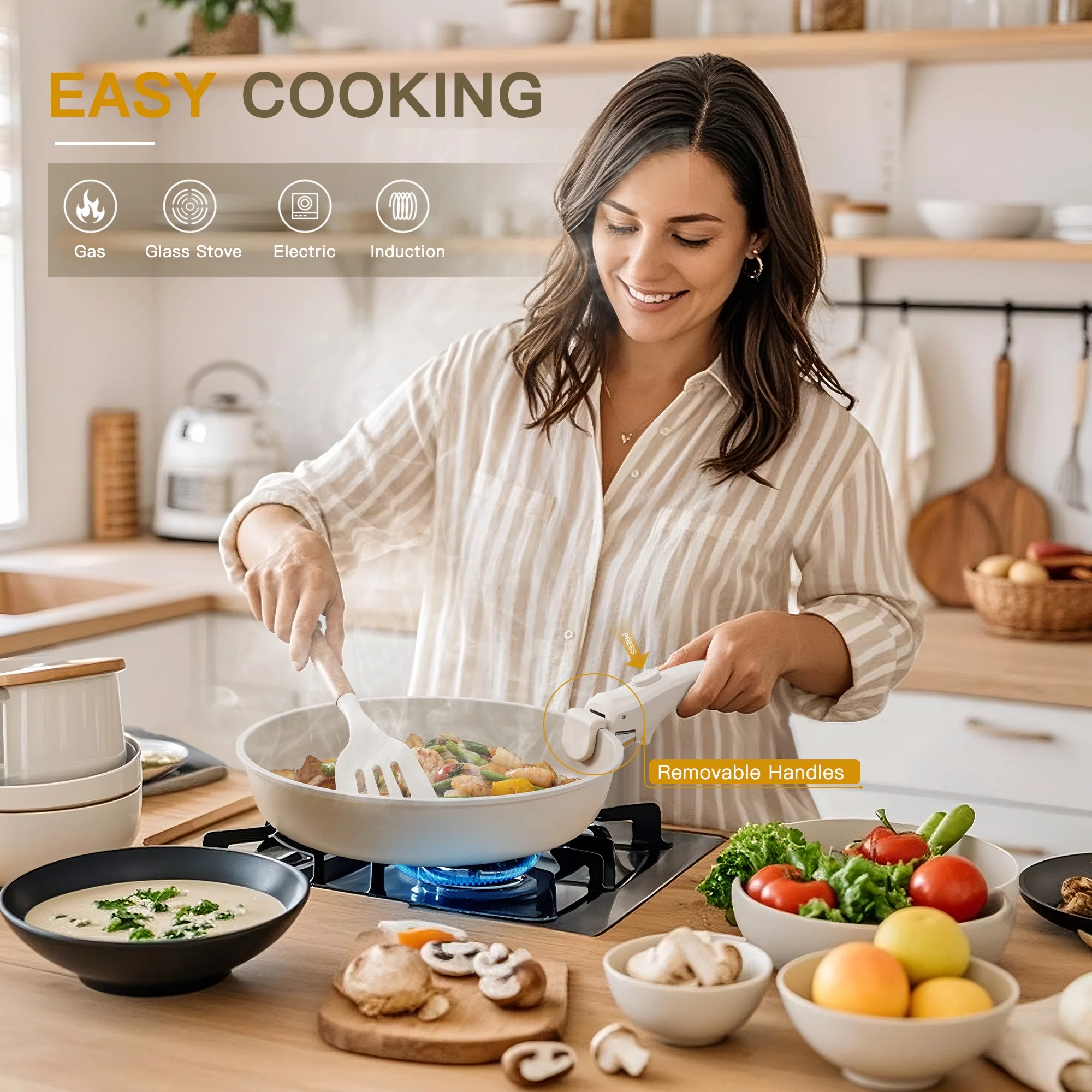 Astercook 20 Piece Ceramic Pots and Pans Set Non Stick, Cookware Set with Detachable Handle, Oven Safe, Induction Ready, Stackable RV Kitchen Cooking Set Removable Handles, Cream White 2 Astercook 20 Piece Ceramic Pots and Pans Set Non Stick, Cookware Set with Detachable Handle, Oven Safe, Induction Ready, Stackable RV Kitchen Cooking Set Removable Handles, Cream White - Image 2