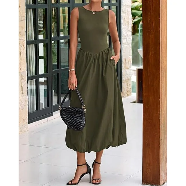 FreshPretty Women's Summer Casual Sleeveless Midi Dress Patchwork Knit Tank Bubble Long Flowy Beach Maxi Sundress Pockets 3 FreshPretty Women's Summer Casual Sleeveless Midi Dress Patchwork Knit Tank Bubble Long Flowy Beach Maxi Sundress Pockets - Image 3